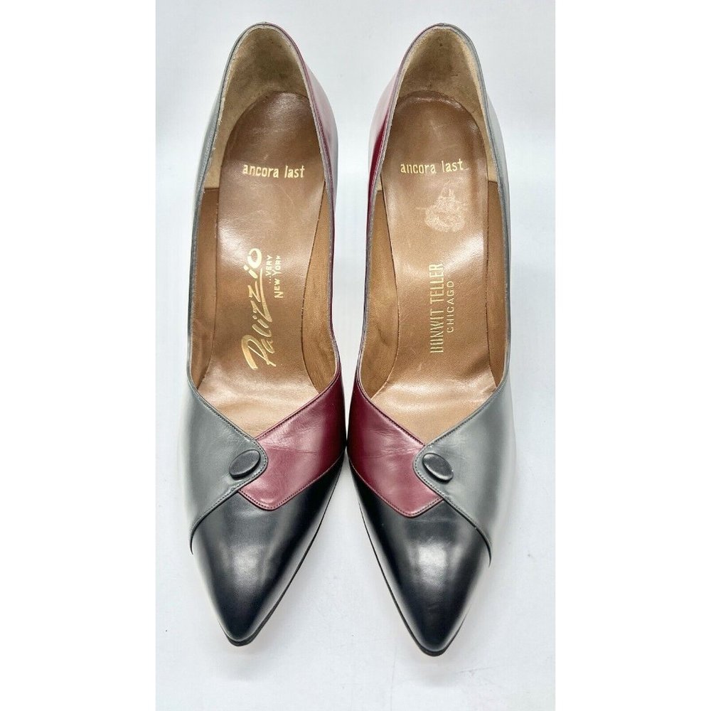 Palizzio Ancora Last Leather Heels Bonwit Teller Gray Maroon Signed 7 1/4 RARE